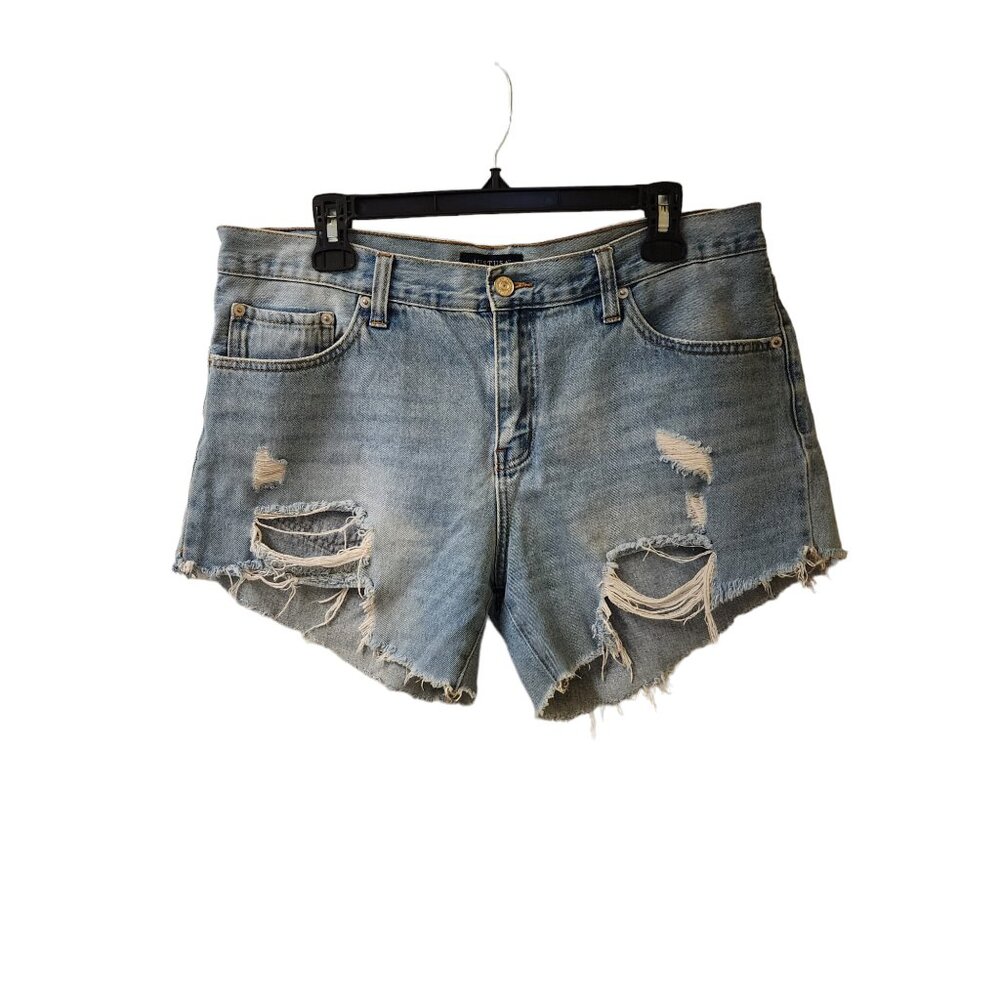 Just USA Light Wash Blue Jean Shorts Distressed Frayed Women's Large Mid Rise